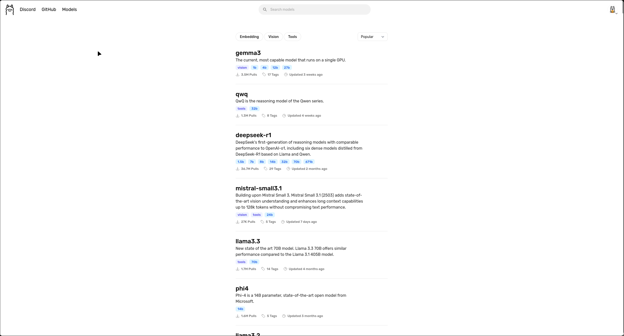An image of the Ollama Models page, which lists many downloadable AI models.